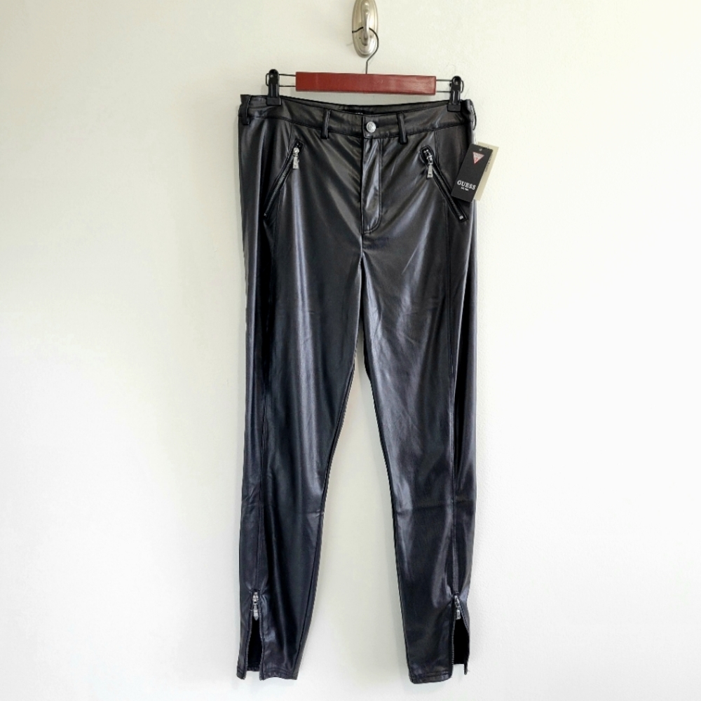 NWOT Guess Pants Womens 12 Black Faux Leather Skinny High Rise Moto Biker